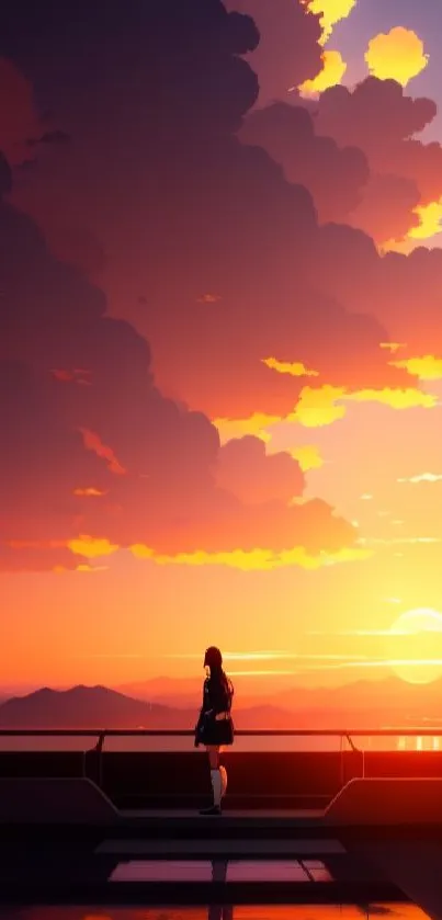 Anime silhouette on rooftop at sunset.