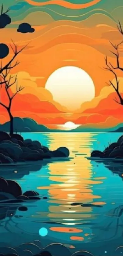 Vibrant sunset over a tranquil lake with silhouetted trees in artistic style.