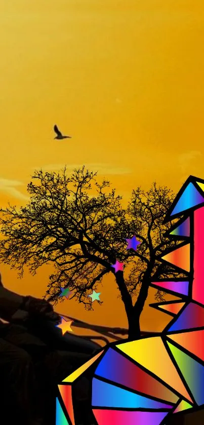 A vibrant wallpaper featuring a geometric figure and a sunset with a silhouetted tree.