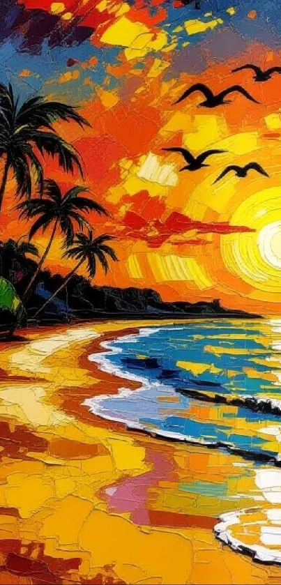 Colorful sunset beach artwork with palm trees and vibrant ocean.