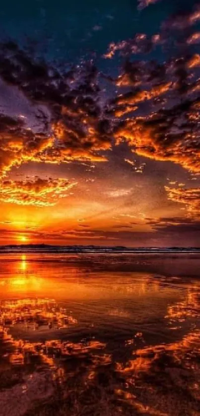 Vibrant sunset over ocean with glowing reflections.