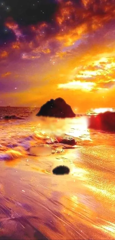 Vibrant sunset over a serene beach with golden hues.