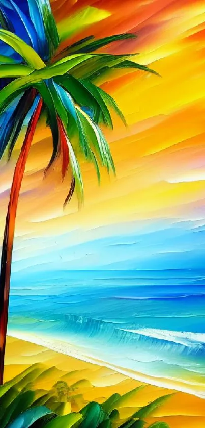 Vibrant sunset beach scene with palm trees and vivid colors.