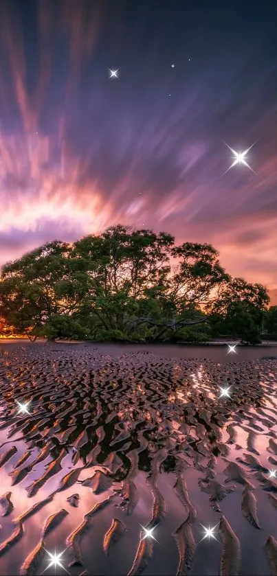 Vibrant sunset over beach with ripples reflecting colorful sky.