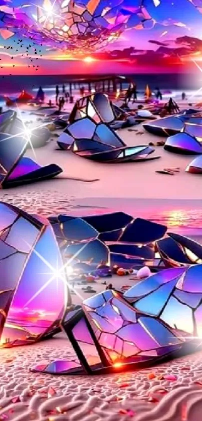 Vibrant sunset beach with shattered glass reflecting colorful sky.