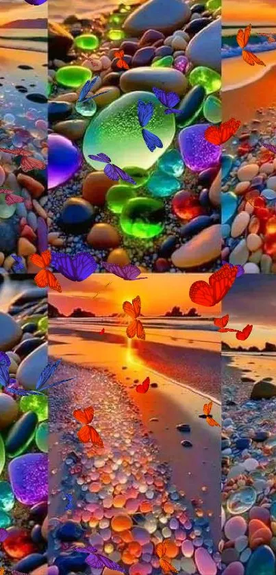 Vibrant beach stones under a colorful sunset sky.
