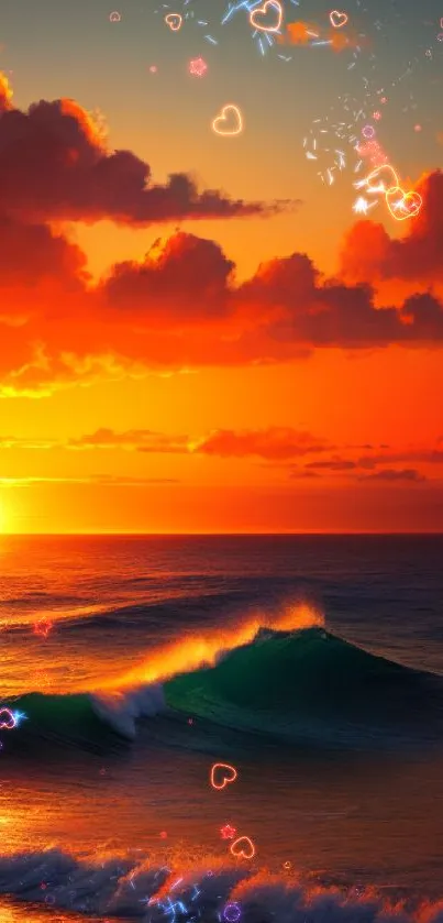 Vibrant sunset over beach with ocean waves and orange sky.