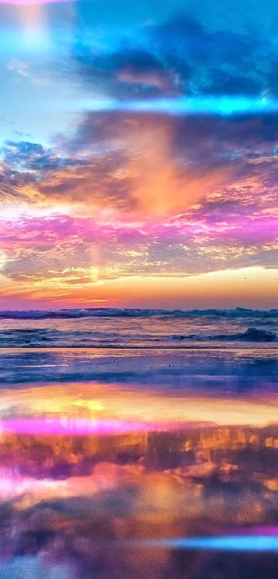 Vibrant sunset reflecting over ocean waves on a serene beach.