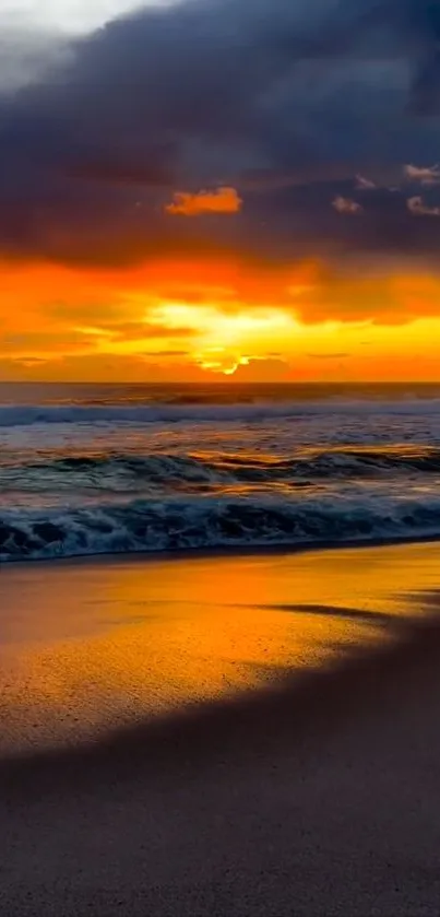 Vibrant sunset over serene beach waves and horizon.