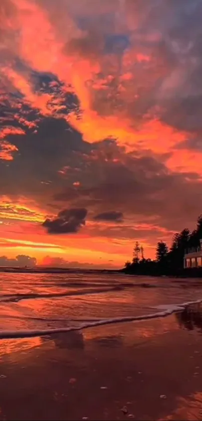 Vibrant orange and purple sunset over a tranquil beach.