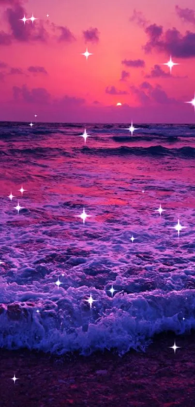 Purple sunset beach wallpaper with ocean waves and vibrant sky.