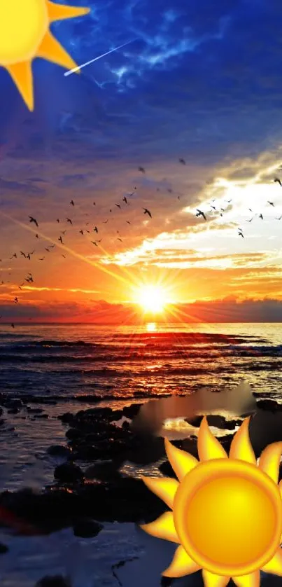 Vibrant sunset beach with sun designs and flying birds over ocean.