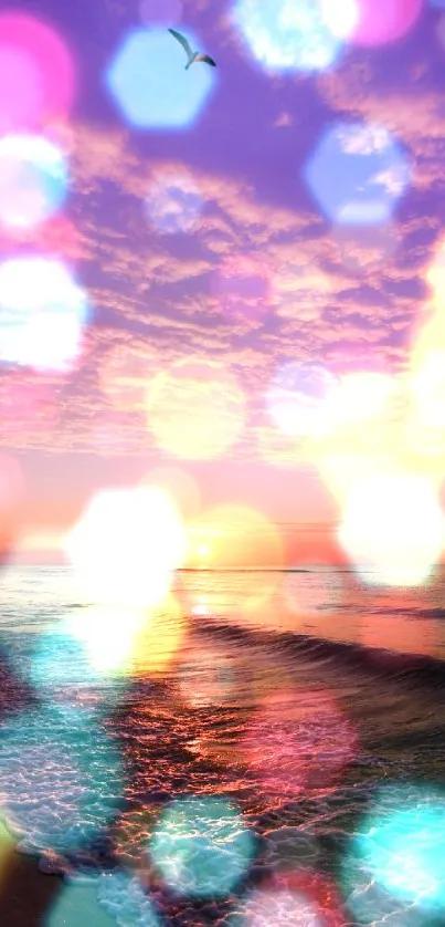 Vibrant sunset beach with bokeh lights and purple hues.