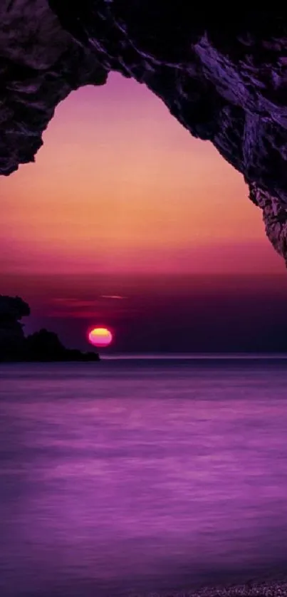 Beautiful sunset beach view with purple hues and rocky arch.