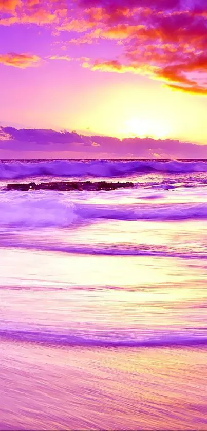 Vibrant sunset beach with purple sea and colorful sky wallpaper.