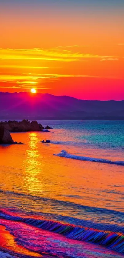 Vibrant sunset over a tranquil beach with colorful waves.