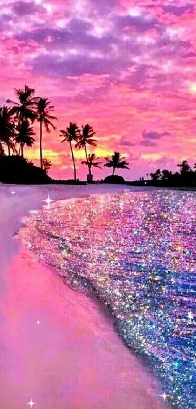 Vibrant sunset beach with palm silhouettes and sparkling ocean.