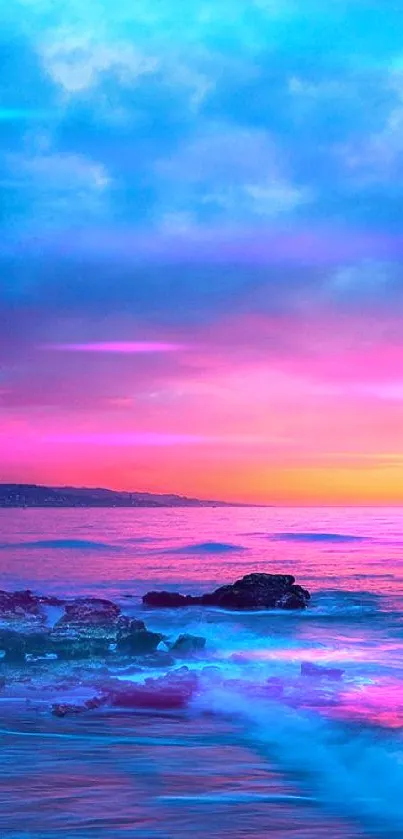 Vibrant pink and blue sunset over a calm ocean beach.