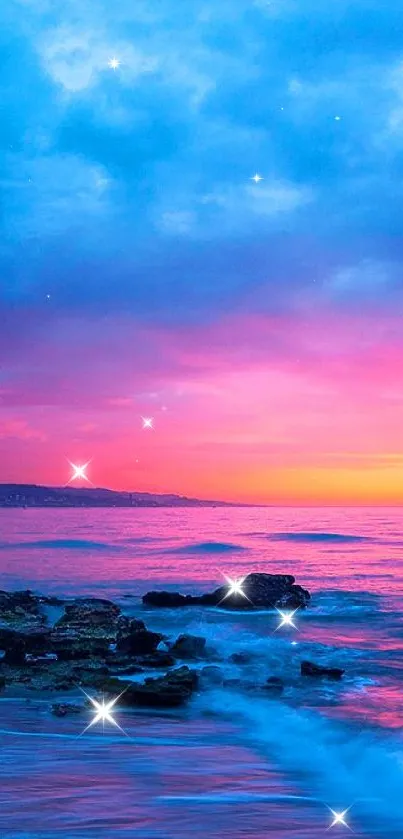 Vibrant sunset over a rocky beach with pink and blue skies.