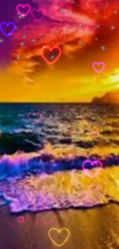 Vibrant sunset beach with colorful sky and hearts