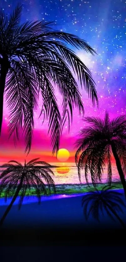 Tropical sunset beach wallpaper with palm silhouettes and a starry sky.