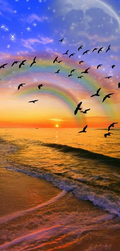 Vibrant sunset beach wallpaper with rainbow and flying birds.