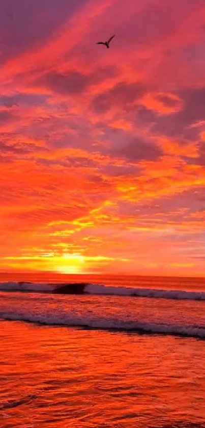 Vibrant orange sunset over ocean waves with pink sky.