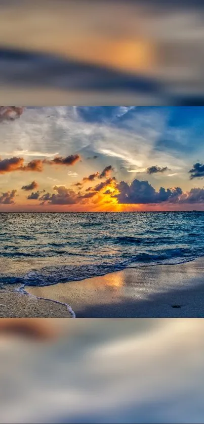 Vibrant sunset over ocean waves, featuring colorful sky and peaceful beach scene.