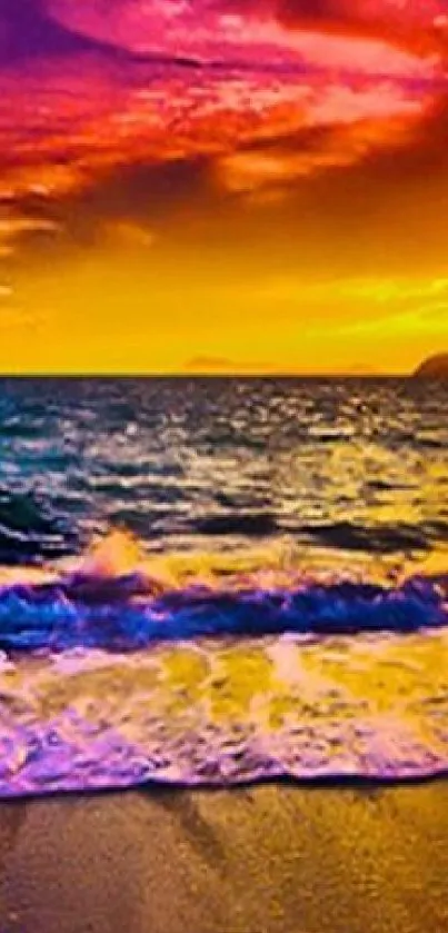 Vibrant sunset beach wallpaper with colorful waves.