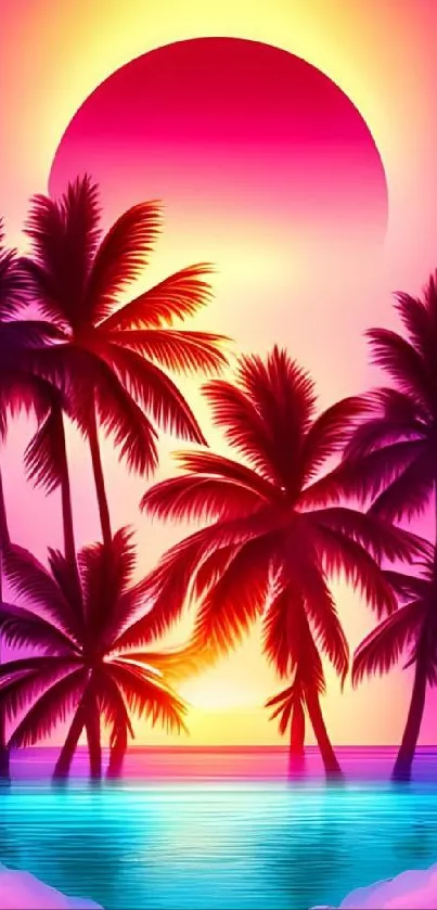 Vibrant pink sunset with palm trees and ocean view mobile wallpaper.