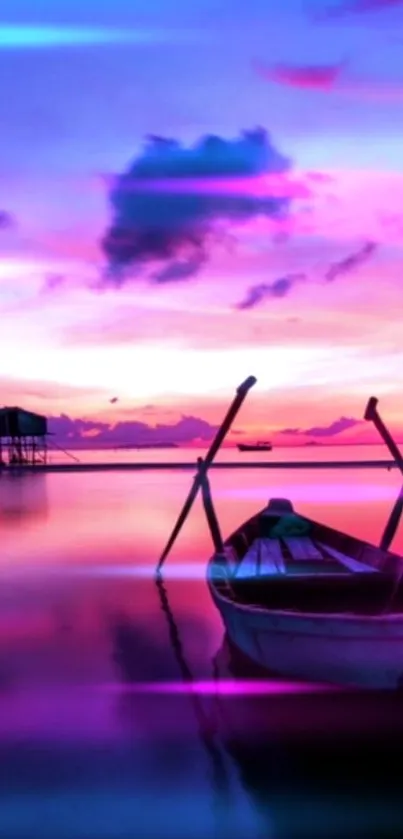 Vibrant sunset scene with boat on a calm ocean, featuring purple and pink hues.