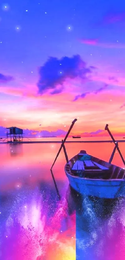 Vibrant sunset over calm waters with a lone boat floating peacefully.