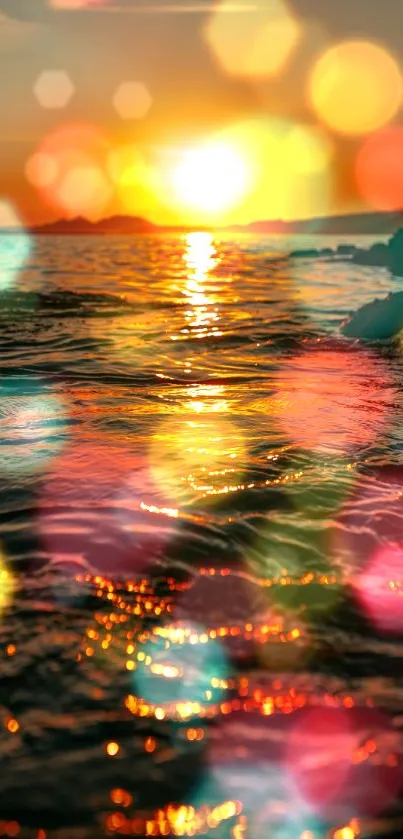 Vibrant sunset with ocean waves and bokeh effect in a colorful wallpaper.