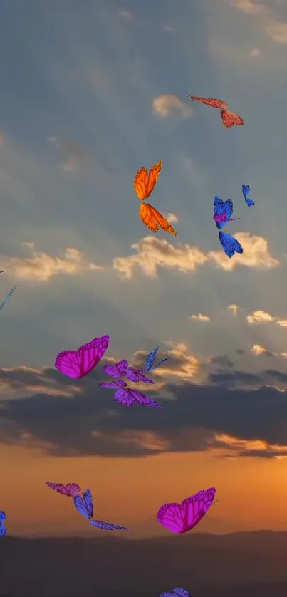 Colorful butterflies fluttering in a sunset sky scene.