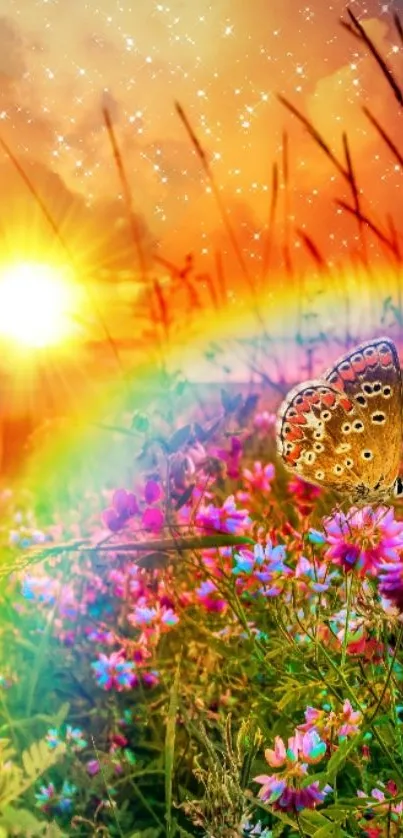 Colorful sunset with butterfly on flowers.