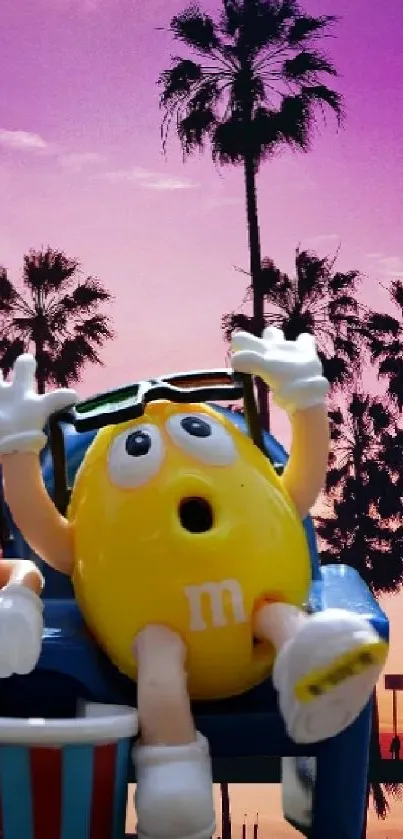 Candy figures under palm trees at sunset with a vibrant sky.