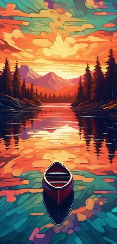 Vibrant sunset landscape with canoe on a serene lake, surrounded by colorful skies.