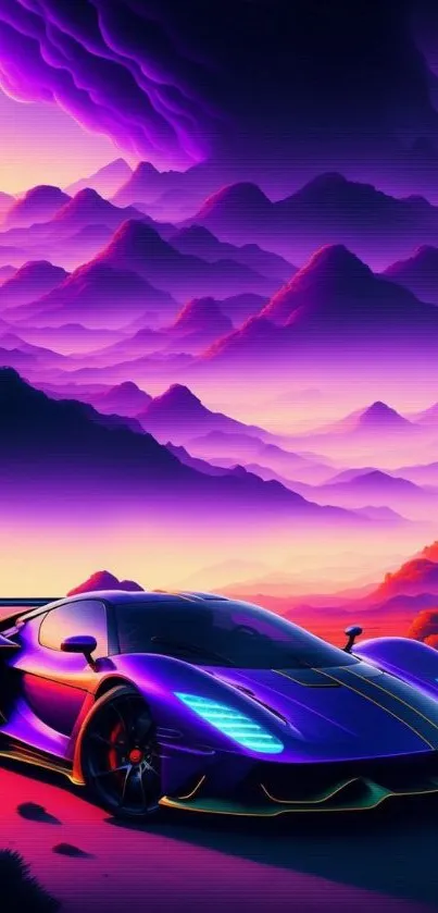 Neon sports car with vibrant sunset backdrop and purple mountains.