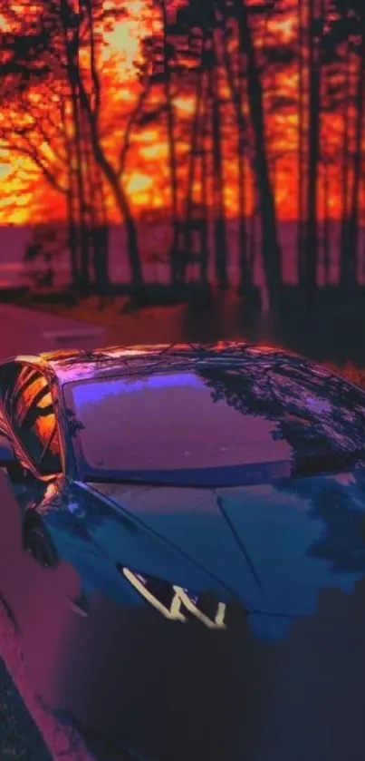 Sleek sports car at sunset on a forest road.