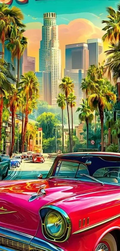Vibrant cityscape with vintage cars and palm trees at sunset.