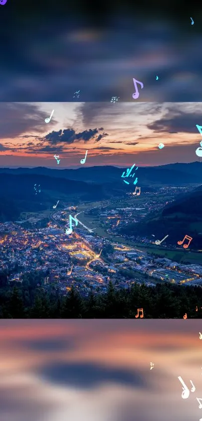 Cityscape at sunset with musical notes in the evening sky.