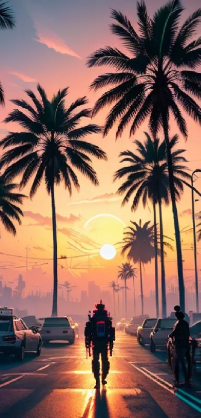 City street at sunset with palm trees, neon ambiance, and colorful sky.