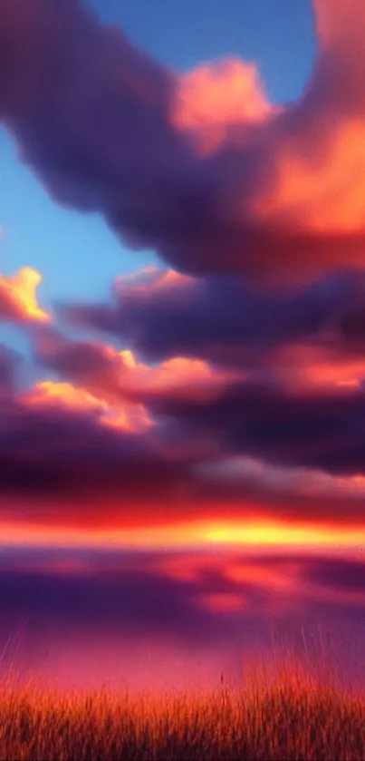 Vibrant sunset with dramatic clouds over a serene landscape.