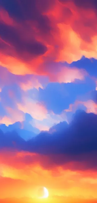 Sunset clouds with vibrant orange, pink, and blue hues in the evening sky.