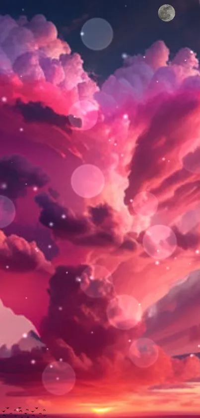Vibrant pink clouds at sunset with stars and a full moon.