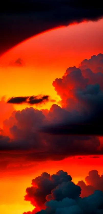 Vibrant sunset with dramatic clouds in striking orange and red hues.