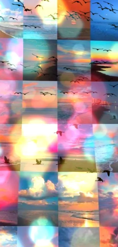 Vibrant beach sunset collage wallpaper with birds in the sky.