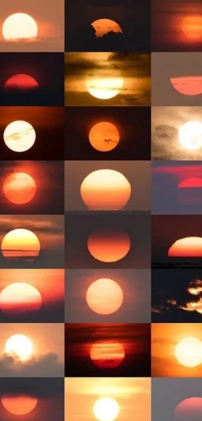 A collage of vibrant sunset scenes with warm orange hues.