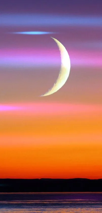 Crescent moon and sunset sky mobile wallpaper.