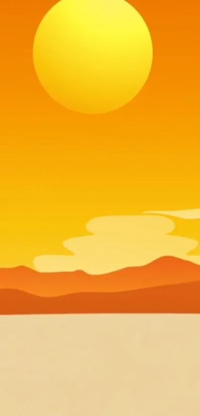 Vibrant orange sunset over a serene desert landscape.